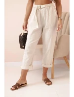 Dámske ľanové nohavice s bavlnou a opaskom béžovej farby Dámske ľanové nohavice s bavlnou a opaskom béžovej farby