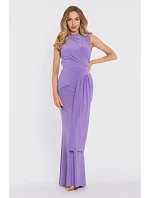 M913 Drapované maxi šaty s výrazným pásom a panelom - svetlofialové