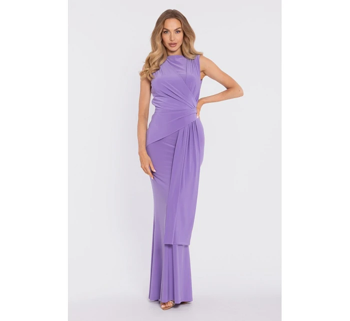 M913 Drapované maxi šaty s výrazným pásom a panelom - svetlofialové
