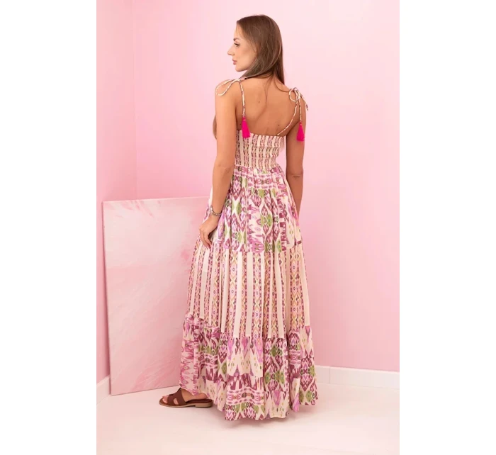 Dámské viskózové maxi šaty na ramínka s gumičkou a volánem fialka