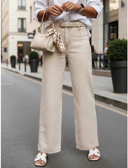 Jeansy damskie wide leg z wysokim stanem beżowe model 22155333 - FashionStreet