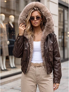 Dámska zimná kožená bunda s kožušinou, hnedá, FashionStreet TY5976