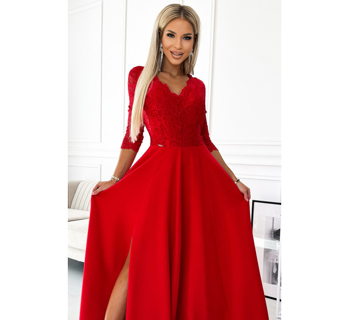 AMBER - Elegantné červené dlhé dámske krajkové šaty s výstrihom a rázporkom na nohe 309-8