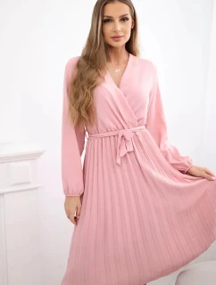 Šaty s viazaným plisovaným lemom tmavo púdrovo ružové