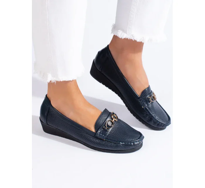 Vynikajúce modré dámske mokasíny na klin Vynikajúce modré dámske mokasíny na klin