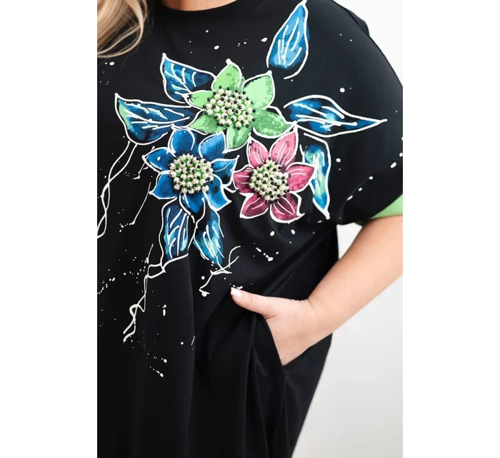 Dámske Plus veľkosť tunika s kvetinovým vzorom a dekoratívne korálky zelená