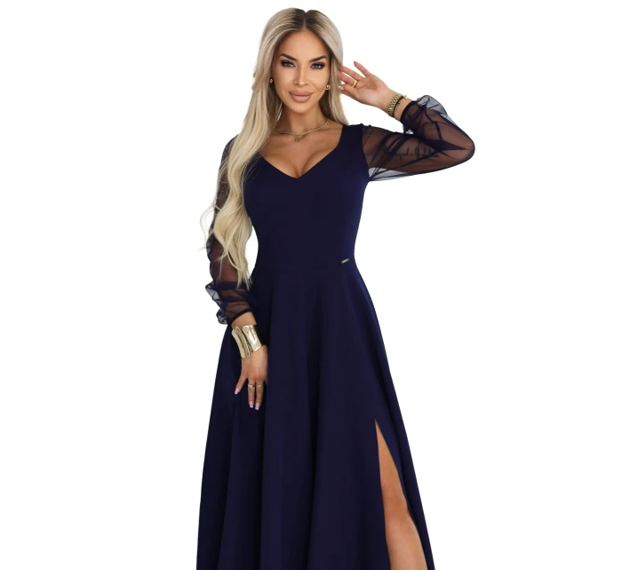 LORETTA dlouhé šaty s rukávy a výstřihem tmavě modré model 21941595 - numoco