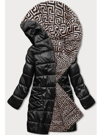 Čierno-béžová preložená obálková dámska bunda s kapucňou (B8040-1046)