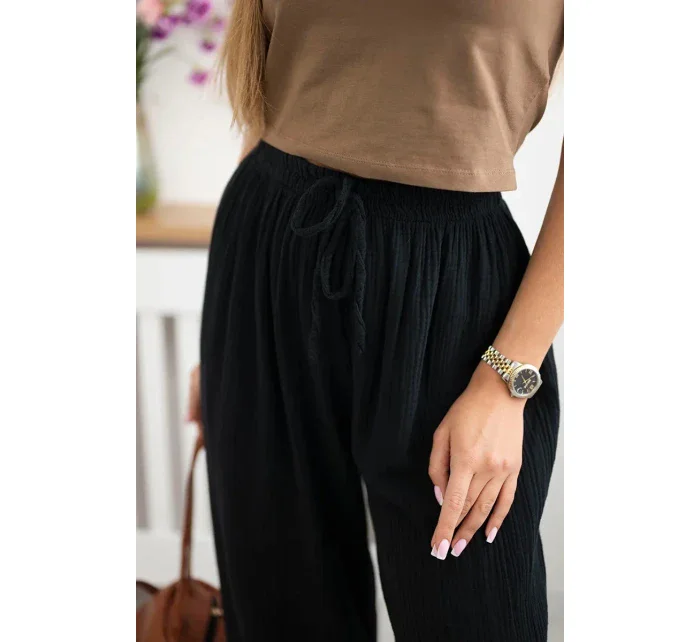 Mušelínové kalhoty se širokou nohavicí černý Mušelínové kalhoty se širokou nohavicí černý