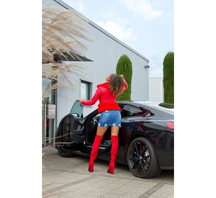 Dámská sexy kožená bunda s kožešinou Červená model 21041666 - In-style Fashion Dámská sexy kožená bunda s kožešinou Červená model 21041666 - In-style Fashion