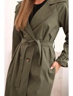 Dámsky kabát so zaväzovaním v páse a khaki golierom