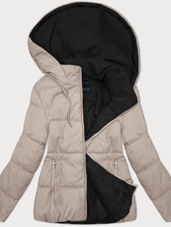 Svetlo béžová a čierna obojstranná dámska krátka bunda s kapucňou (16M2153-62)