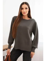 Dámsky viskózový sveter s dlhým rukávom a bočným rozparkom khaki
