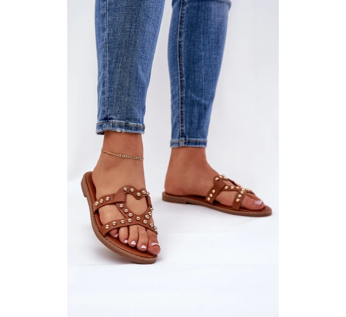 Zdobione Płaskie Klapki Damskie Camel Adivrae