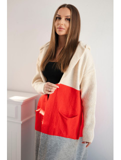 Pruhovaný sveter s kapucňou béžová+červená+sivá