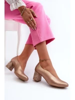 Elegantní kožené lodičky na podpatku model 21661319 zlaté - Maciejka
