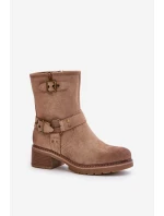 Botki Damskie Na Niskim Obcasie Z Klamrami Ciemnobeżowe Zudra