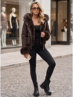 Krátká dámská zimní bunda s kožešinou, čokoládová, FashionStreet TY5999 Krátká dámská zimní bunda s kožešinou, čokoládová, FashionStreet TY5999