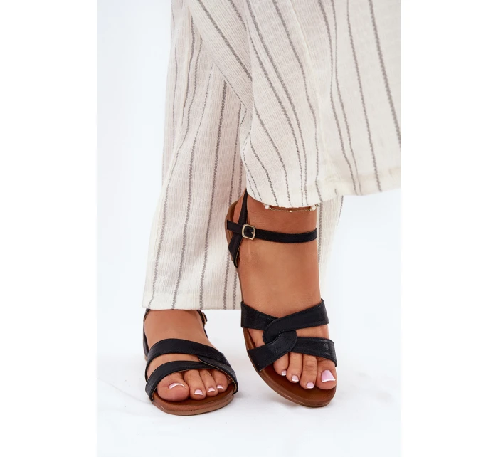 Płaskie Połyskujące Sandały Damskie S.Barski KV51-022 Czarne