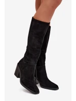 Semišové Kozačky Na Podpatku Se Zipem Černé model 21705064 - Boto