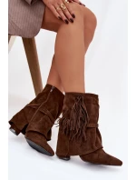 Dámské kotníkové boty na podpatku s třásněmi a zlatými sponami hnědé Evelisse Botki Damskie Dámské kotníkové boty na podpatku s třásněmi a zlatými sponami hnědé Evelisse Botki Damskie