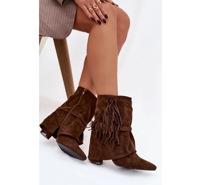 Dámské kotníkové boty na podpatku s třásněmi a zlatými sponami hnědé Evelisse Botki Damskie Dámské kotníkové boty na podpatku s třásněmi a zlatými sponami hnědé Evelisse Botki Damskie