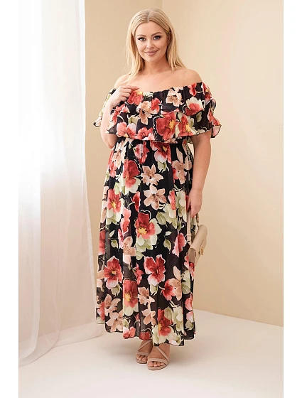 Dámské šaty plus size maxi s volánem model 22092400 střihu a elastickým pasem černá - K-Fashion