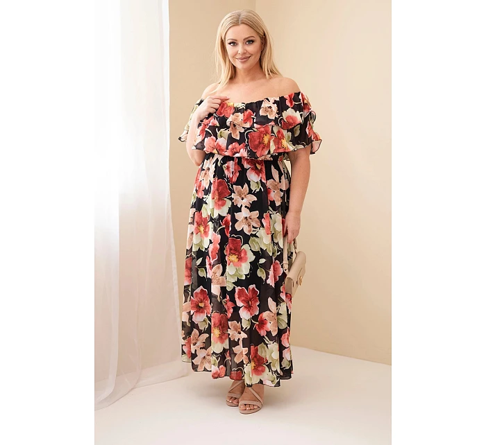 Dámske plus size maxi šaty so španielskym volánom a elastickým pásom čierne