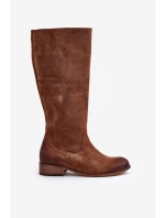Zamszowe Kozaki Damskie Do Połowy Łydki Na Zamek Lewski 3616 Brązowe