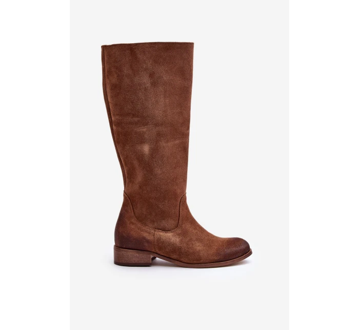 Zamszowe Kozaki Damskie Do Połowy Łydki Na Zamek Lewski 3616 Brązowe