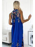 Plisované saténové maxi šaty Numoco ESTER - modré s kvetmi