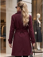 Elegantný dámsky kabát s výstrihom a opaskom v bordovej farbe, FashionStreet NY0786 Elegantný dámsky kabát s výstrihom a opaskom v bordovej farbe, FashionStreet NY0786