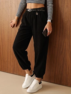 Dámske bavlnené manšestrové nohavice s opaskom, čierne, FashionStreet UY3170
