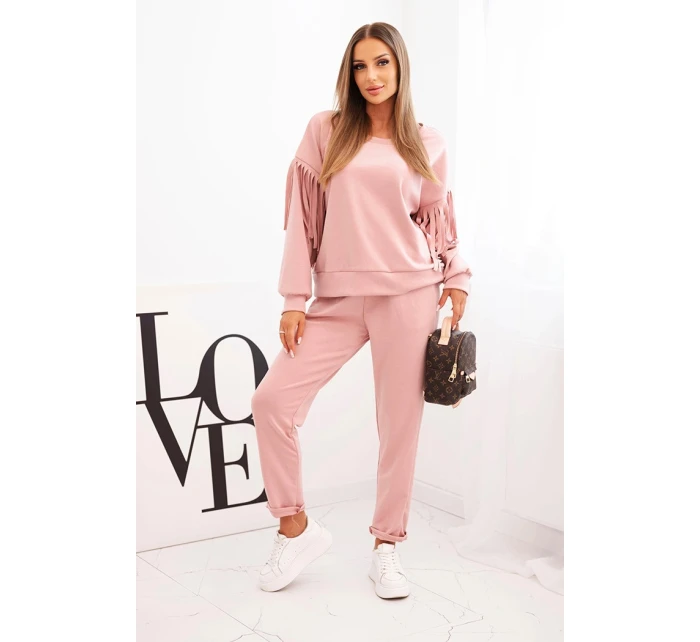Komplet dámský máslový s třásněmi na rukávech tmavě pudrově růžový