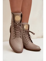 Skórzane Botki Damskie Na Płaskim Obcasie Ze Złotym Detalem Zazoo 3084 Beżowe