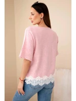 Dámský svetr s krátkým rukávem a krajkou tmavě pudrově růžový