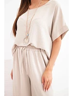Dámska súprava z viskózy - blúzka s krátkym rukávom a široké nohavice tmavobéžová