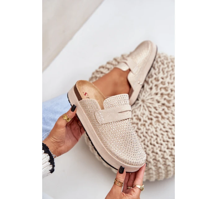 Klapki Damskie Zdobione Cyrkoniami Na Platformie Beżowe Deorani