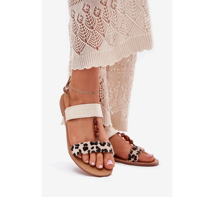 Płaskie Sandały Damskie Z Koralikami Panterka Beżowe Virona Płaskie Sandały Damskie Z Koralikami Panterka Beżowe Virona