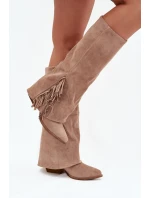 Dámske kovbojské čižmy Zalia s strapcami na podpätku - béžové Dámske kovbojské čižmy Zalia s strapcami na podpätku - béžové