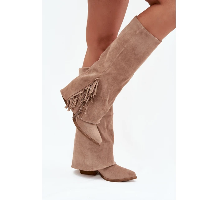 Dámske kovbojské čižmy Zalia s strapcami na podpätku - béžové Dámske kovbojské čižmy Zalia s strapcami na podpätku - béžové