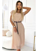 Béžové dámské plisované midi šaty s černým opaskem model 20162133 - numoco basic