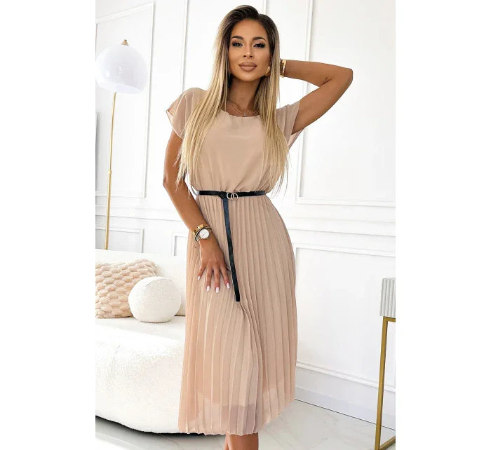 Béžové dámské plisované midi šaty s černým opaskem model 20162133 - numoco basic