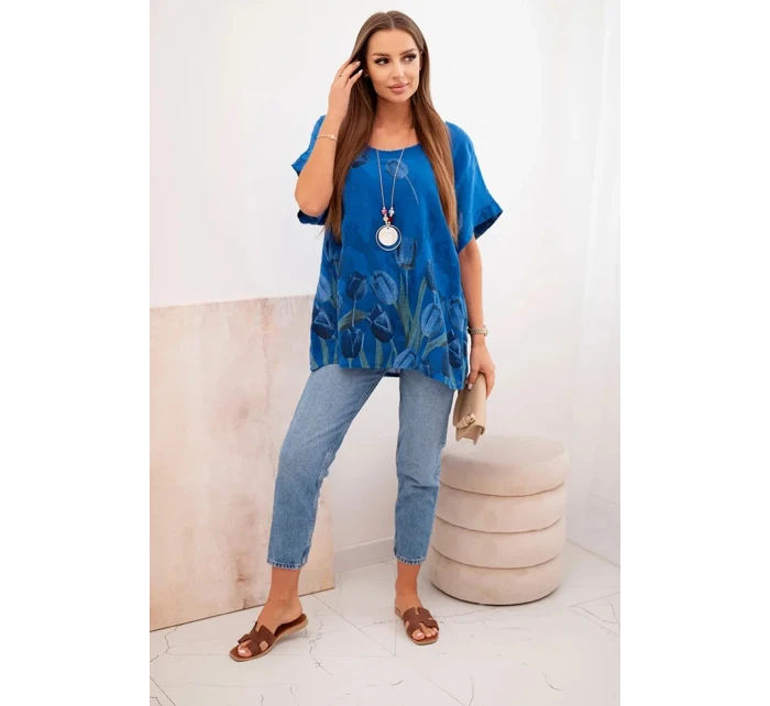 Dámske bavlnené tričko s kvetinovým vzorom chrpovo modré