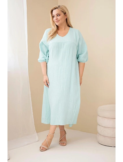 Dámské šaty Plus Size bavlněné mušelínové s výstřihem do V mentolová