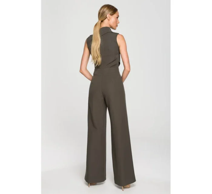 M702 Overal bez rukávov s golierom - khaki farba