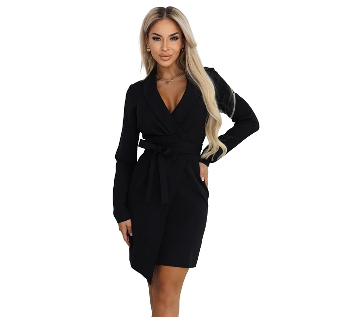 model 22040379 Elegantní tmavě modré šaty s páskem a asymetrickým spodním dílem černé - numoco