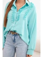 Dámske viskózové tričko s dlhými rukávmi a volánmi mätovej farby