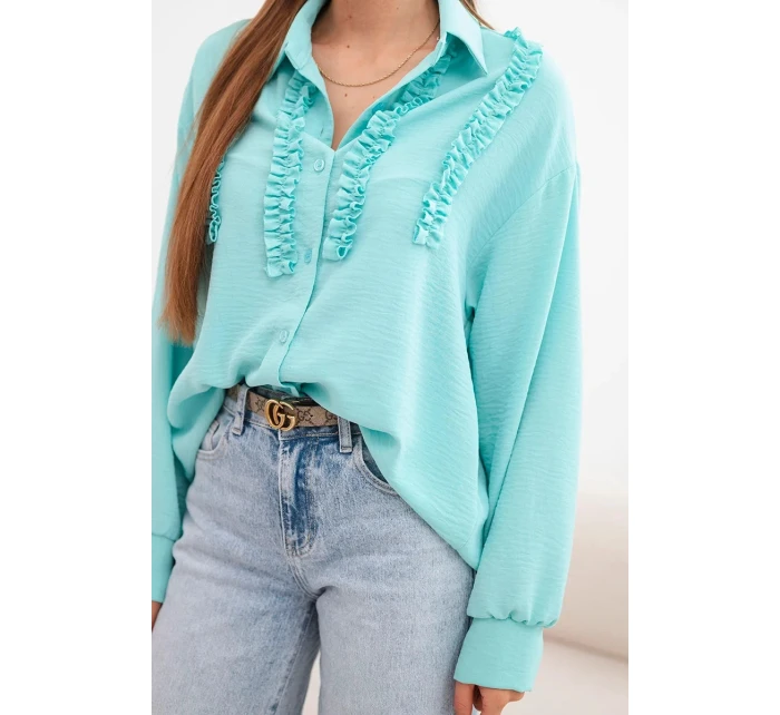 Dámske viskózové tričko s dlhými rukávmi a volánmi mätovej farby