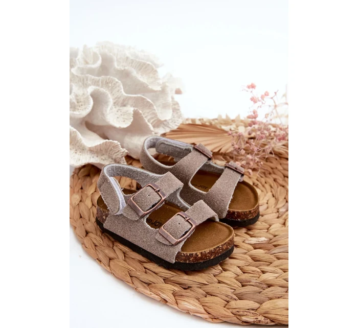 Detské sandále na korkovej platforme, zapínanie na suchý zips, sivé Rorria